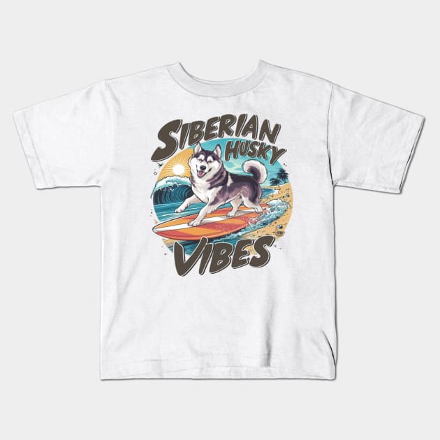 Surfing Siberian Husky Conquering Tropical Swell Kids T-Shirt by coollooks